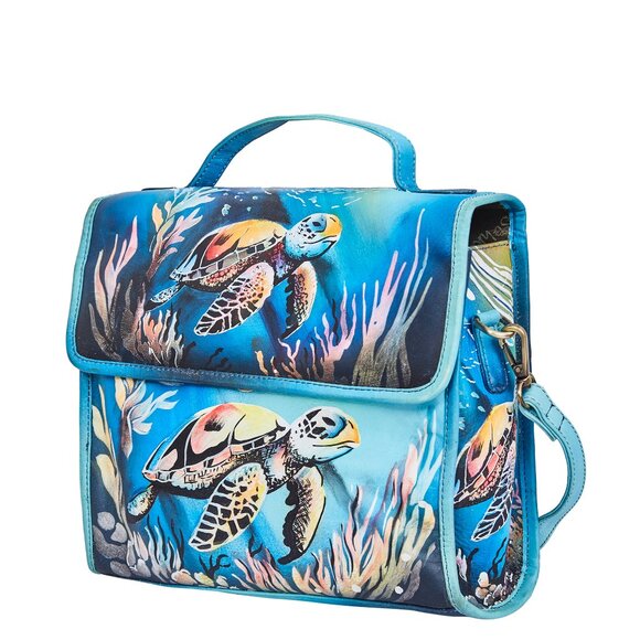 Leather Hand Painted Top Handle Handbag Purse With Turtle Artwork, Crossbody Bag - Picture 8 of 9